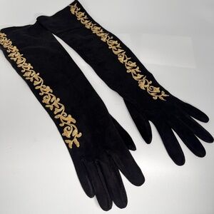 Black ultra suede gloves with gold metallic embroidery sz: 7 1/2